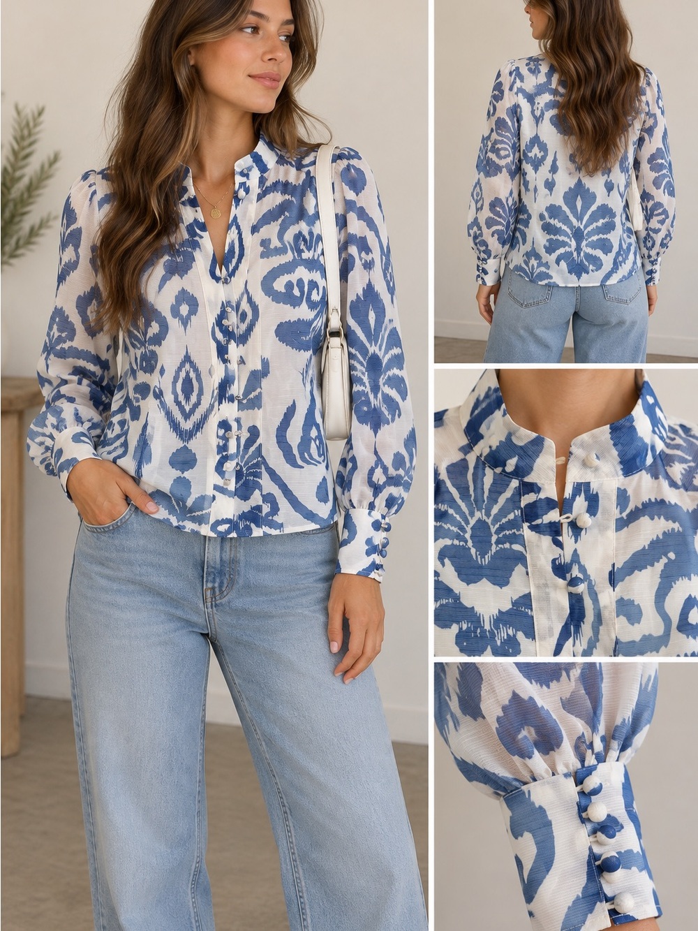 Blue & White Printed Long Sleeve Blouse